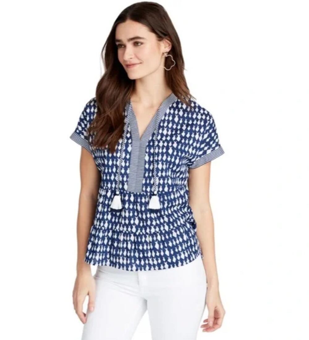 VINEYARD VINES nautical preppy diamond fish novelty tiered tunic tassel top